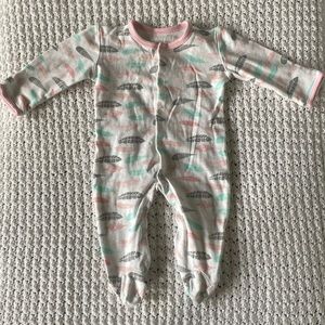 White button down sleeper with pink, gray and teal feathers